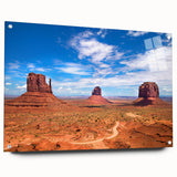 Acrylic print of Monument Valley with warm desert hues, ideal for dining room decor.