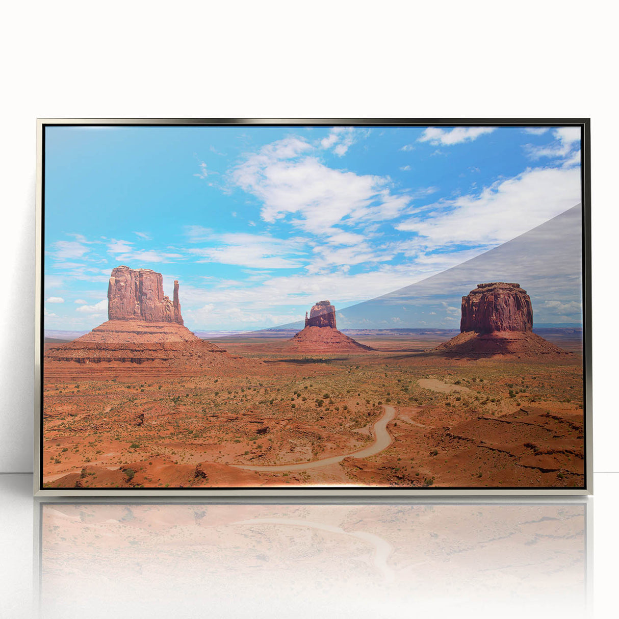 Mid-century modernist art depicting Monument Valley in muted earth tones on a framed acrylic.