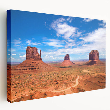 Monument Valley landscape on large stretched canvas, featuring earthy red and orange tones, suitable for kitchen wall art.