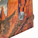 Large abstract depiction of Sedona, Arizona in vibrant red and orange tones on acrylic glass, ideal for dining room art.
