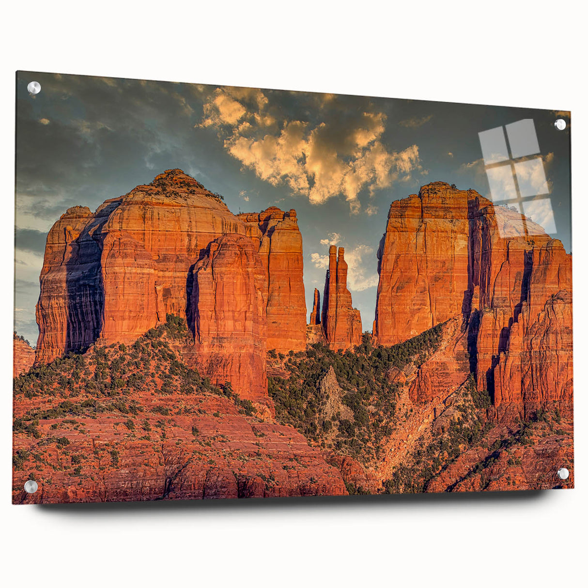 Sedona, Arizona landscape on acrylic glass, featuring red rock formations and clear blue sky.