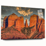 Large abstract wall art of Sedona's landscape in vibrant red and orange hues on acrylic glass.