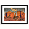 Extra large textured abstract art print of Sedona, Arizona in vibrant colors on a framed black mat.
