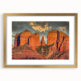 Extra large abstract art print of Sedona landscape in textured gold frame, featuring earthy red and orange tones.