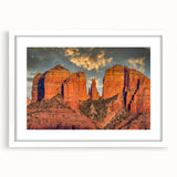 Abstract art print of Sedona landscape in muted earth tones on a framed white mat, suitable for bedroom or dining room decor.