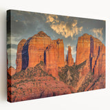 Red rock formations under a clear blue sky on stretched canvas, suitable for kitchen wall art.