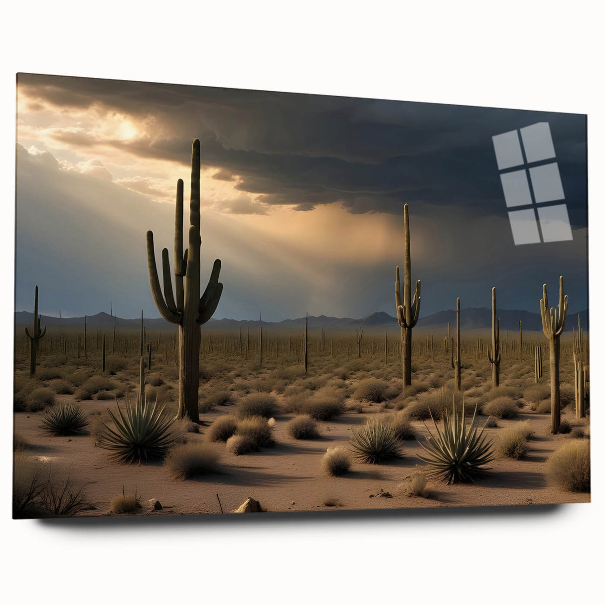 Large abstract depiction of Arizona's Sonoran Desert in muted earth tones on acrylic glass.