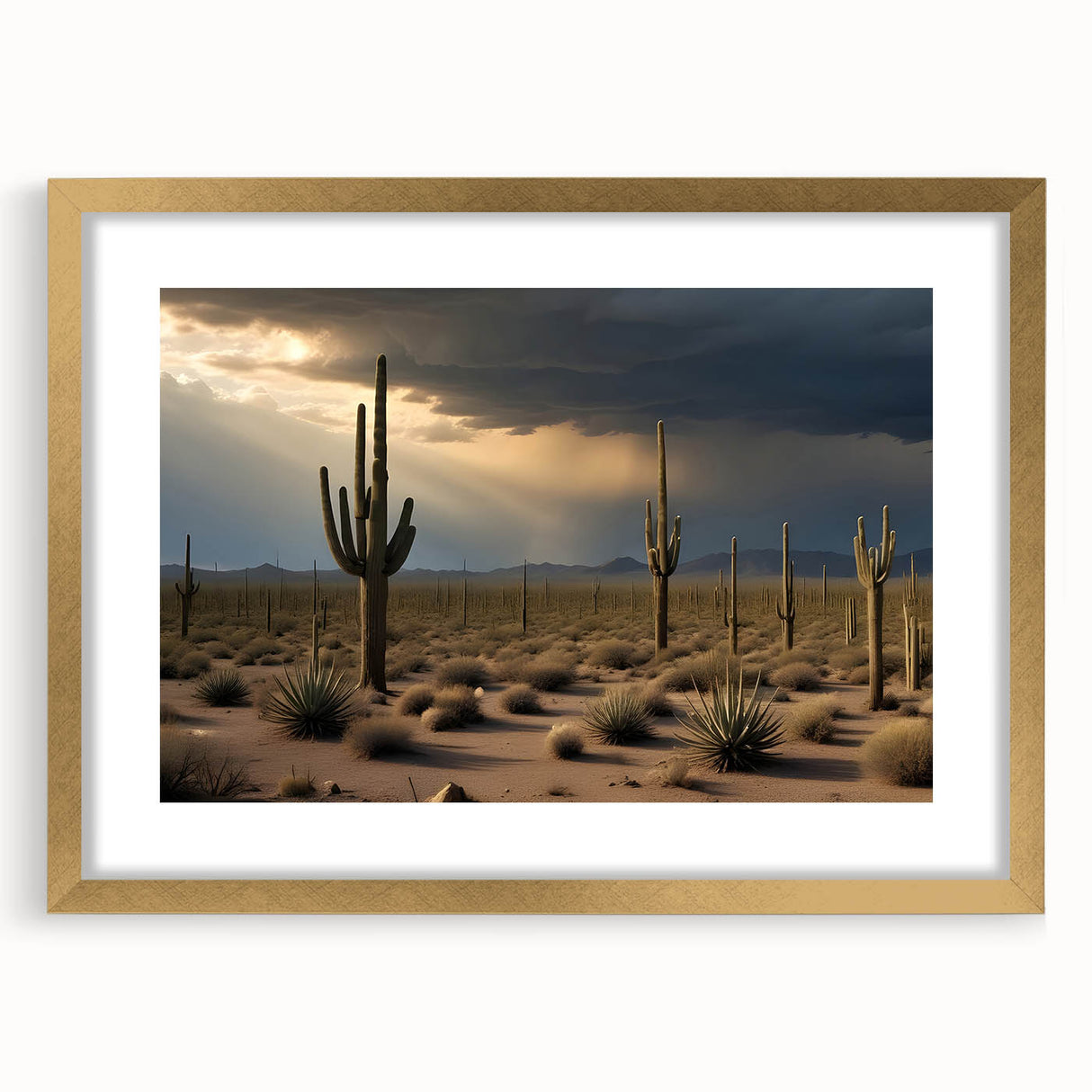 Extra large wall art featuring abstract depiction of Arizona's Sonoran Desert in textured gold tones, framed with mat.