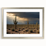 Textured art depicting the Sonoran Desert in muted earth tones on a framed silver mat, suitable for bedroom decor.