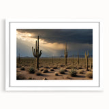 Abstract art print of the Sonoran desert in muted earth tones on a white-framed canvas, suitable for dining room decor.