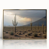 Large art print of the Sonoran desert in Arizona, featuring a mid-century modernist style with earthy tones.