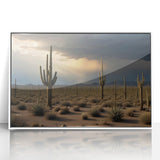 Art deco poster of the Arizona Sonoran desert in muted earth tones on a framed acrylic, suitable for modern art wall decor.