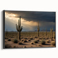 Framed canvas featuring a black and white vintage poster art of the Sonoran Desert landscape, ideal for bedroom decor.