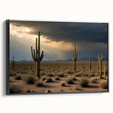 Framed canvas featuring a black and white vintage poster art of the Sonoran Desert landscape, ideal for bedroom decor.