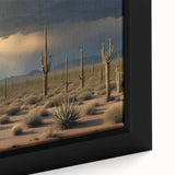 Close-up of textured black wall art featuring a colorful Sonoran Desert scene, ideal for living room decor.