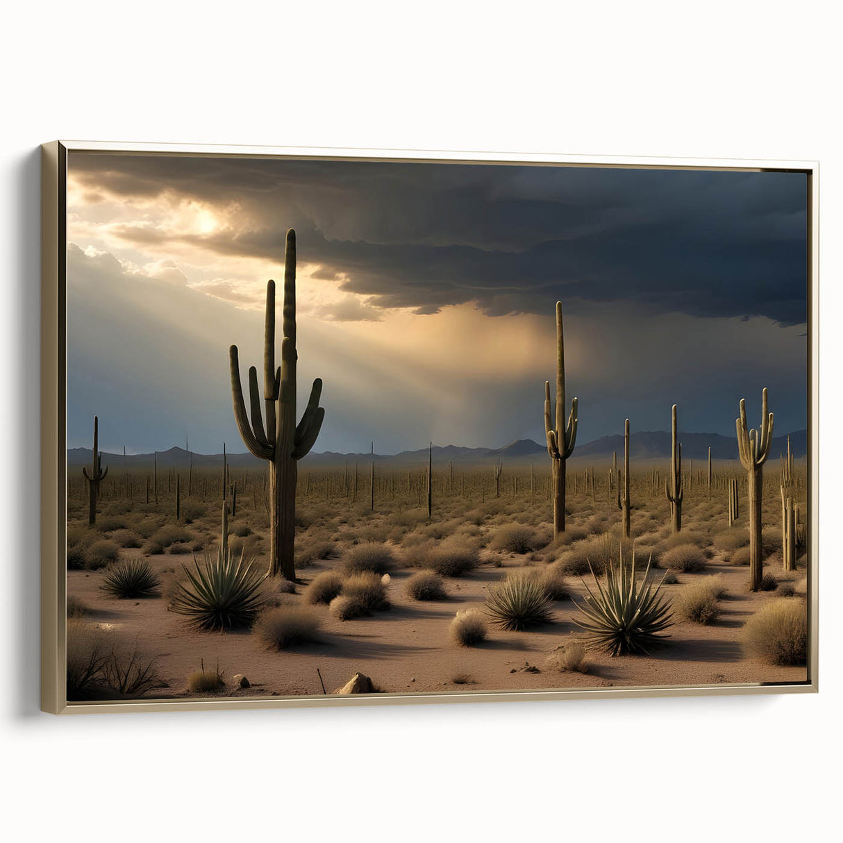 Framed canvas depicting a vintage-style Sonoran Desert landscape in muted earth tones, ideal for bedroom wall art.