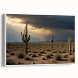 Vintage poster art of Sonoran Desert with muted earth tones on a large framed canvas, ideal for living room decor.