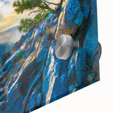 Mid-century modernist abstract landscape in muted earth tones on large acrylic glass, ideal for dining room art.