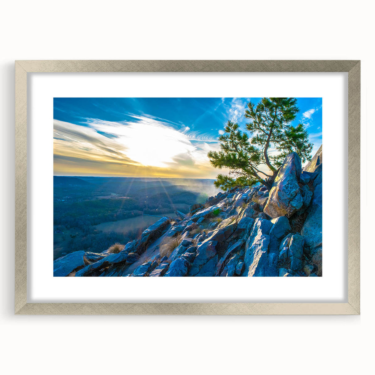 Textured art print of abstract Arkansas scenery in muted earth tones on a framed canvas, ideal for bedroom decor.