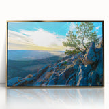 Mid-century modernist style large art print of an Arkansas landscape, framed in acrylic with gold accents.