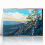 Mid-century modernist art depicting an Arkansas landscape in muted earth tones on a framed acrylic panel.