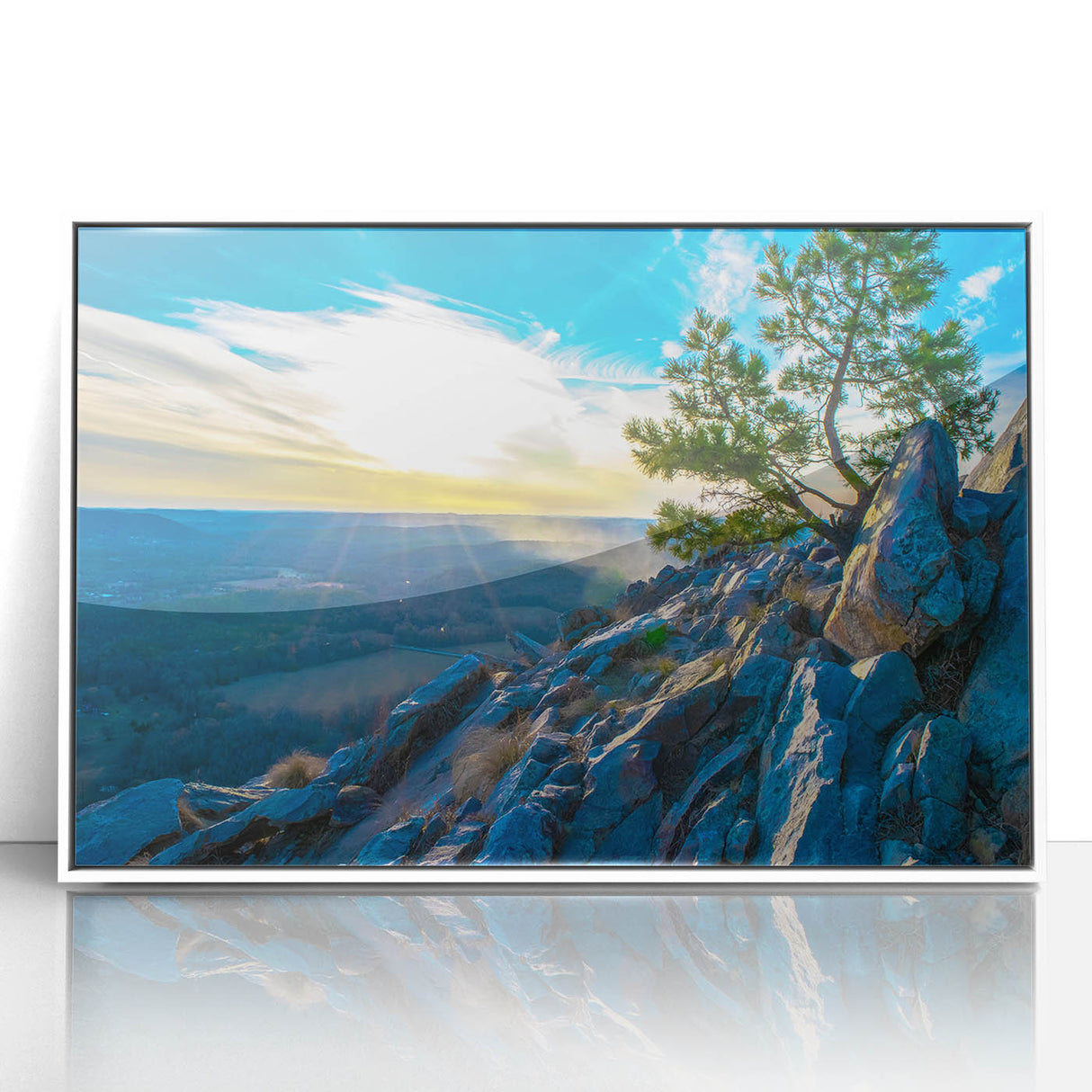 Art deco poster of Arkansas scenery in muted green and blue tones, framed acrylic print.