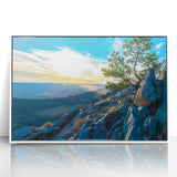 Art deco poster of Arkansas scenery in muted green and blue tones, framed acrylic print.