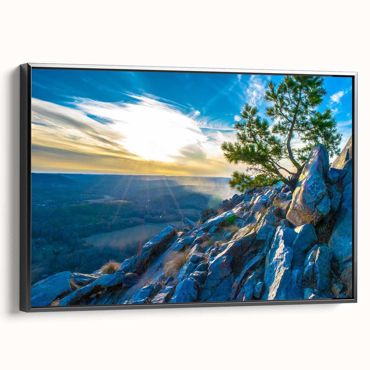 Black and white framed canvas of Arkansas landscape in a vintage poster style, suitable for bedroom wall art.