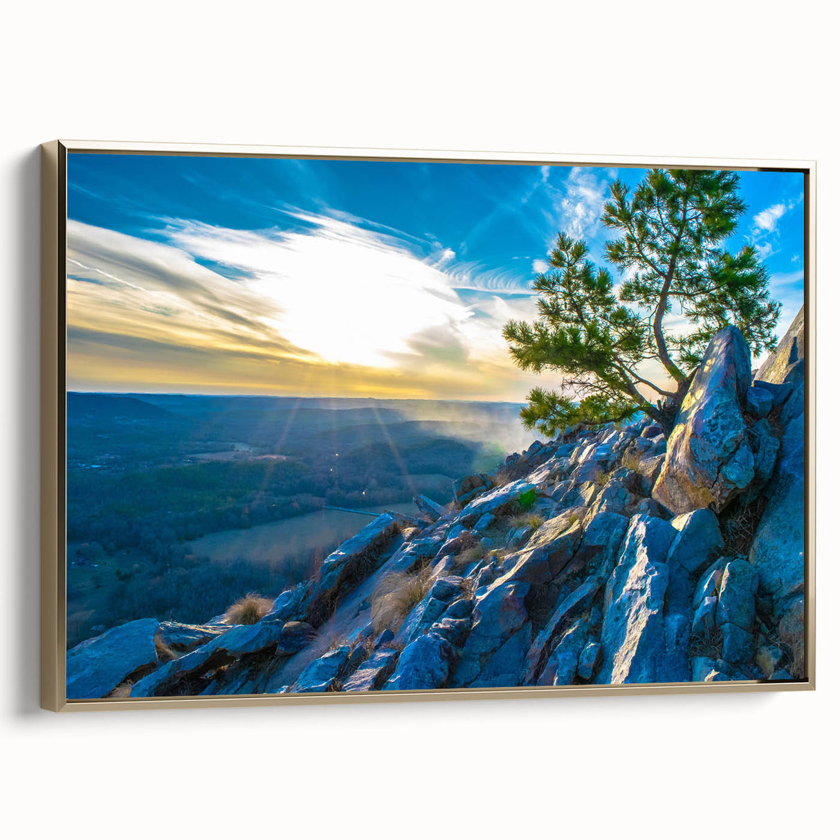 Framed canvas depicting a vintage-style Arkansas landscape in muted gold and black tones, ideal for bedroom wall art.