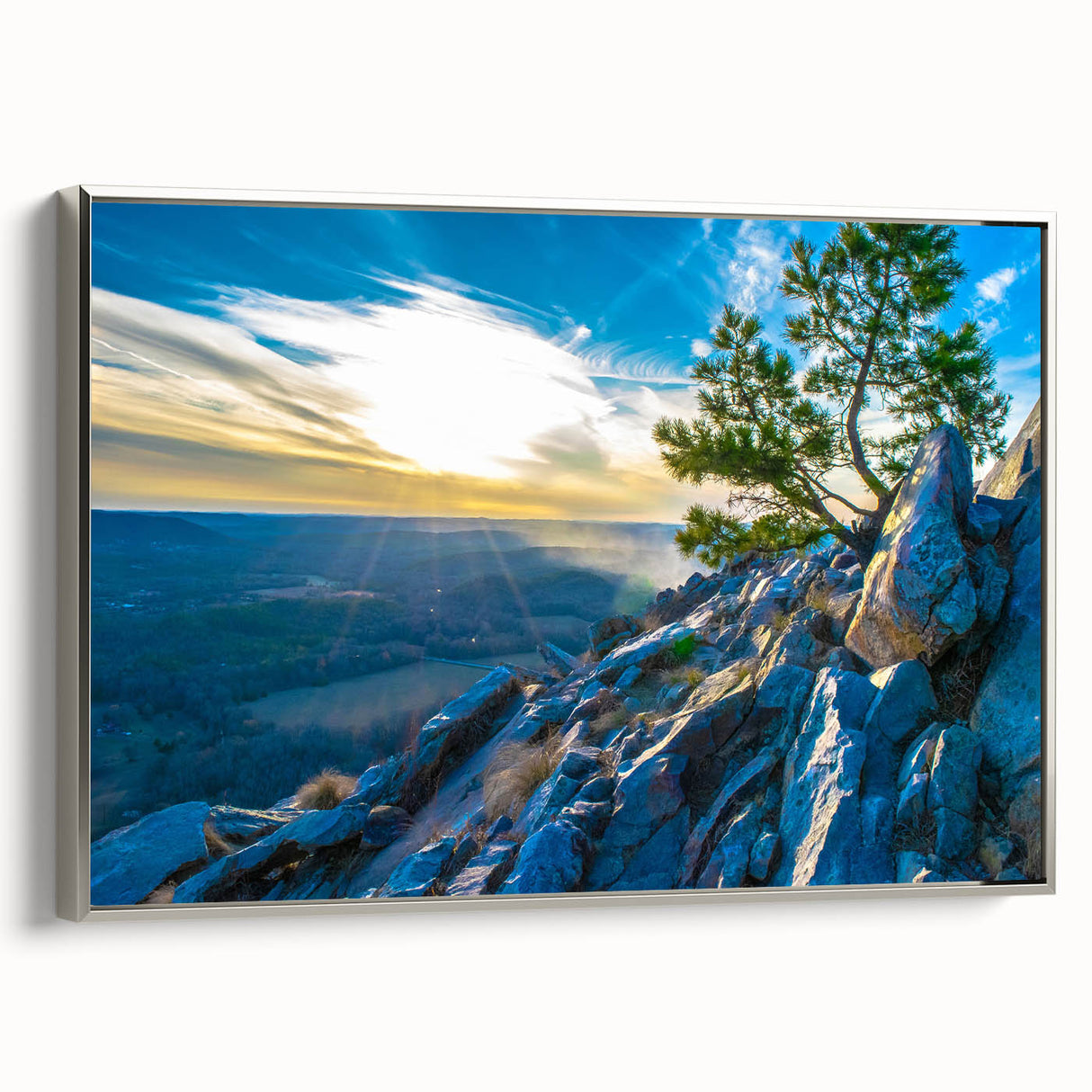 Framed canvas featuring a vintage-style landscape painting of Arkansas scenery in colorful hues, ideal for living room decor.