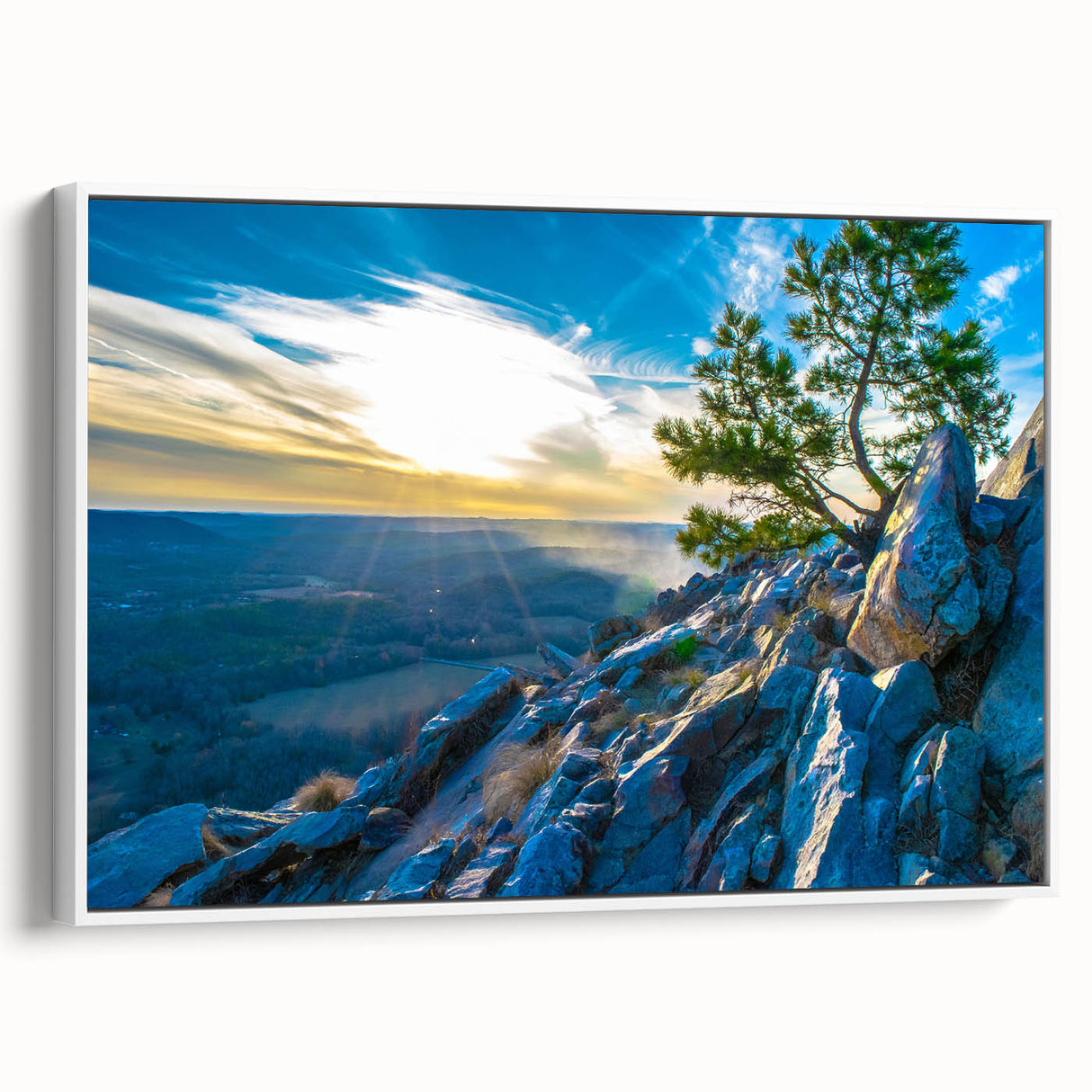 Vintage poster art of Arkansas scenery on extra large framed canvas, featuring colorful artwork against a black background.