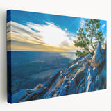 Large art depicting an Arkansas landscape on stretched canvas, featuring muted earth tones, ideal for kitchen wall art.