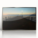 Mid-century modernist art of Berkeley, California scenery in muted earth tones on a silver-framed acrylic print.