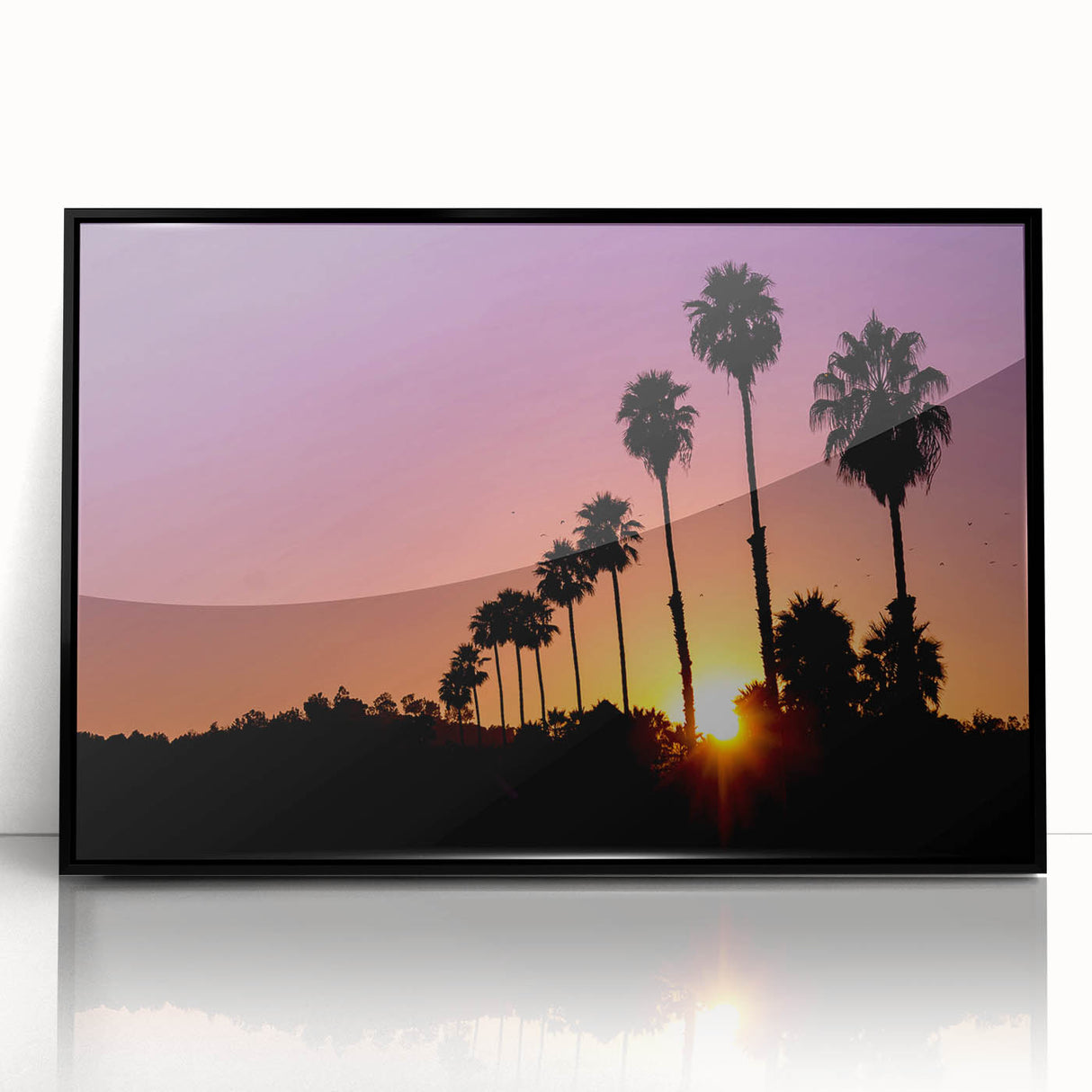 Large abstract wall art depicting Beverly Hills with mid-century modernist style, muted earth tones, framed in black acrylic.