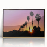 Framed acrylic print of Beverly Hills scenery in mid-century modernist style, featuring muted gold and green tones.