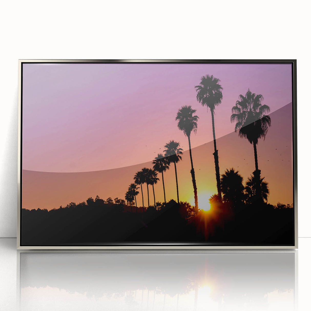 Mid-century modernist art depicting Beverly Hills scenery in muted pastels on a silver-framed acrylic print.