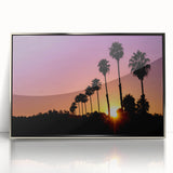 Mid-century modernist art depicting Beverly Hills scenery in muted pastels on a silver-framed acrylic print.