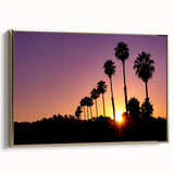 Framed canvas of Beverly Hills landscape in vintage poster style with black and gold tones, ideal for bedroom wall art.