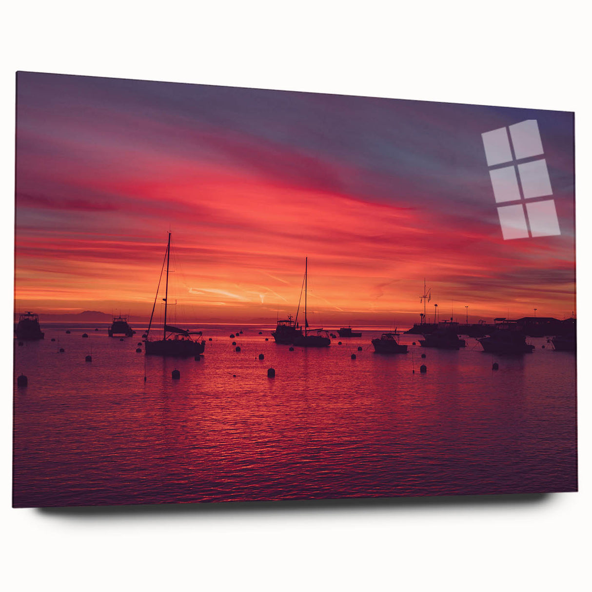 Large abstract wall art of Catalina, California in muted blue and green tones on acrylic glass.