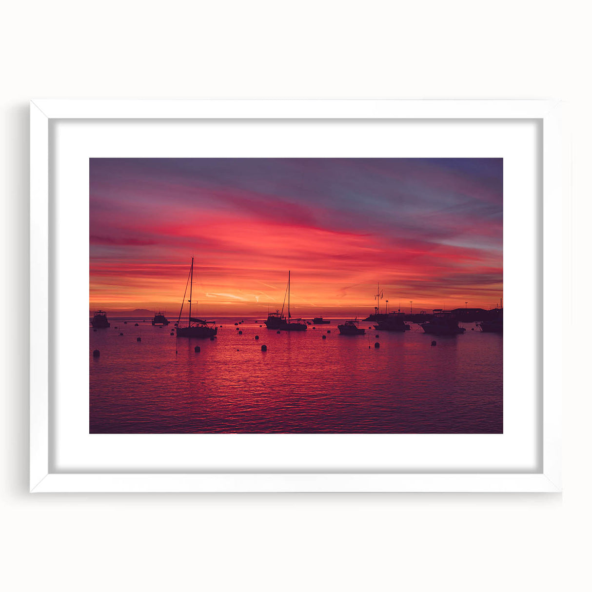 Abstract art print of Catalina, California in muted blue and green tones on a framed white matte canvas.