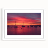 Abstract art print of Catalina, California in muted blue and green tones on a framed white matte canvas.