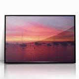 Large abstract wall art depicting a Catalina, California scene in mid-century modernist style, framed in black acrylic.