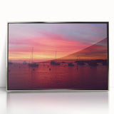 Mid-century modernist art of Catalina, California in muted colors on a silver-framed acrylic panel.