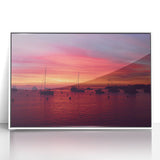 Art Deco style poster of Catalina, California, in muted blue and white tones on framed acrylic.