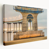 Side view of a stretched canvas featuring a Coronado, California scenery in muted oceanic and sand tones.