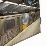 Mid-century modernist acrylic glass art of abstract Hollywood scenery in muted colors, ideal for dining room ambiance.