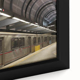 Framed canvas of a textured Hollywood, California scene in black with colorful highlights, ideal for living room decor.