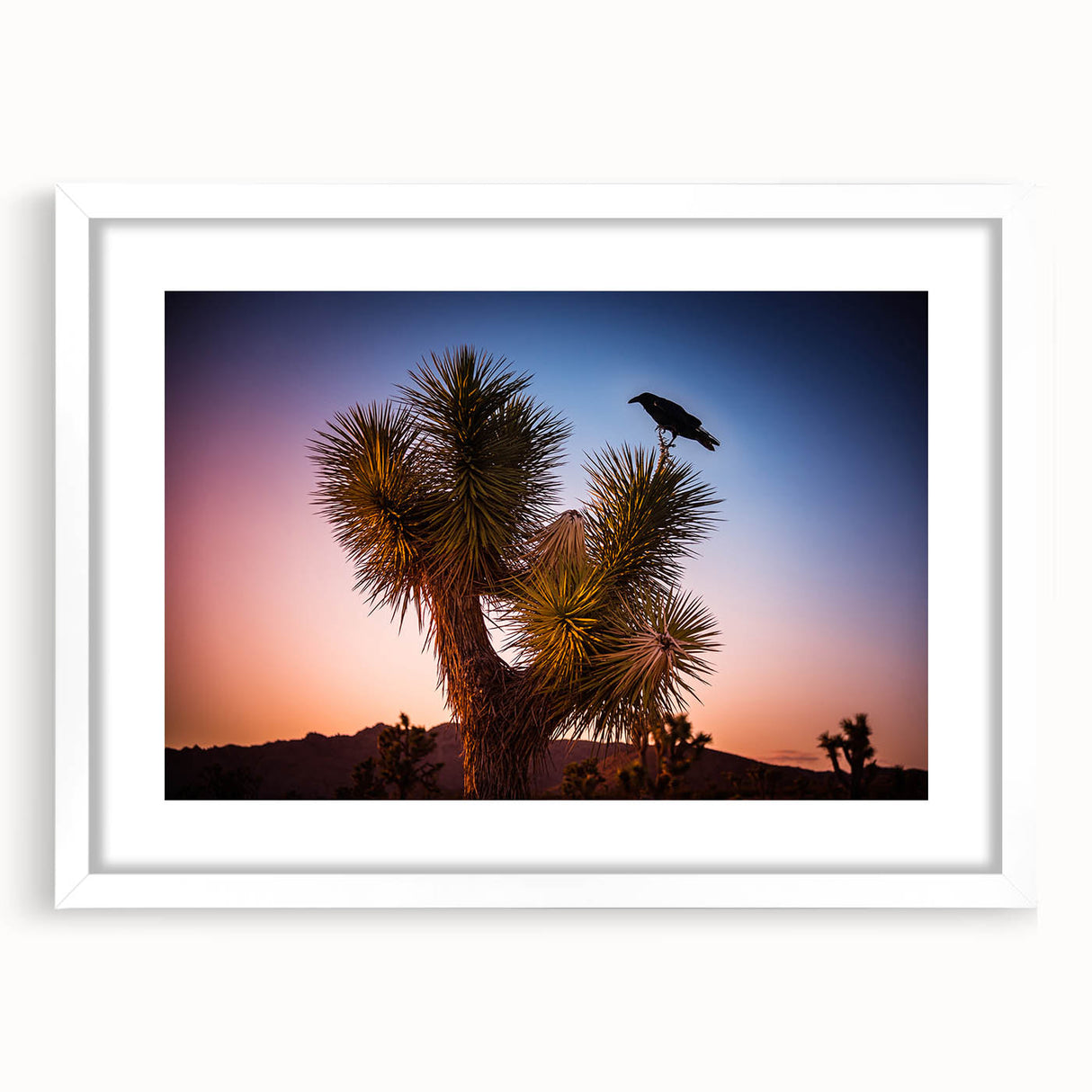 Abstract art print of Joshua Tree in muted earth tones on a white-framed canvas, suitable for bedroom or dining room decor.