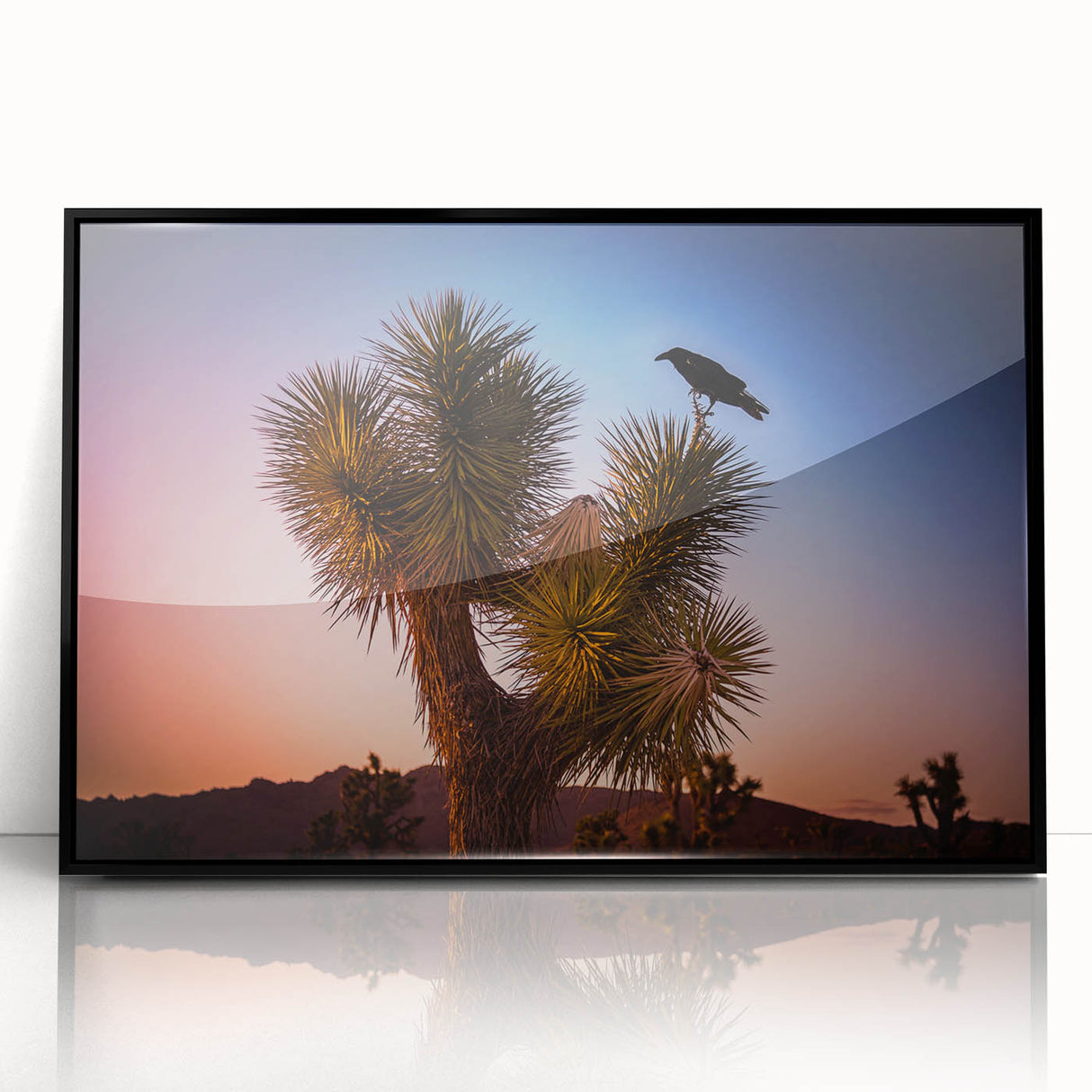 Large abstract wall art depicting Joshua Tree in muted earth tones on a framed acrylic, ideal for modern living room decor.