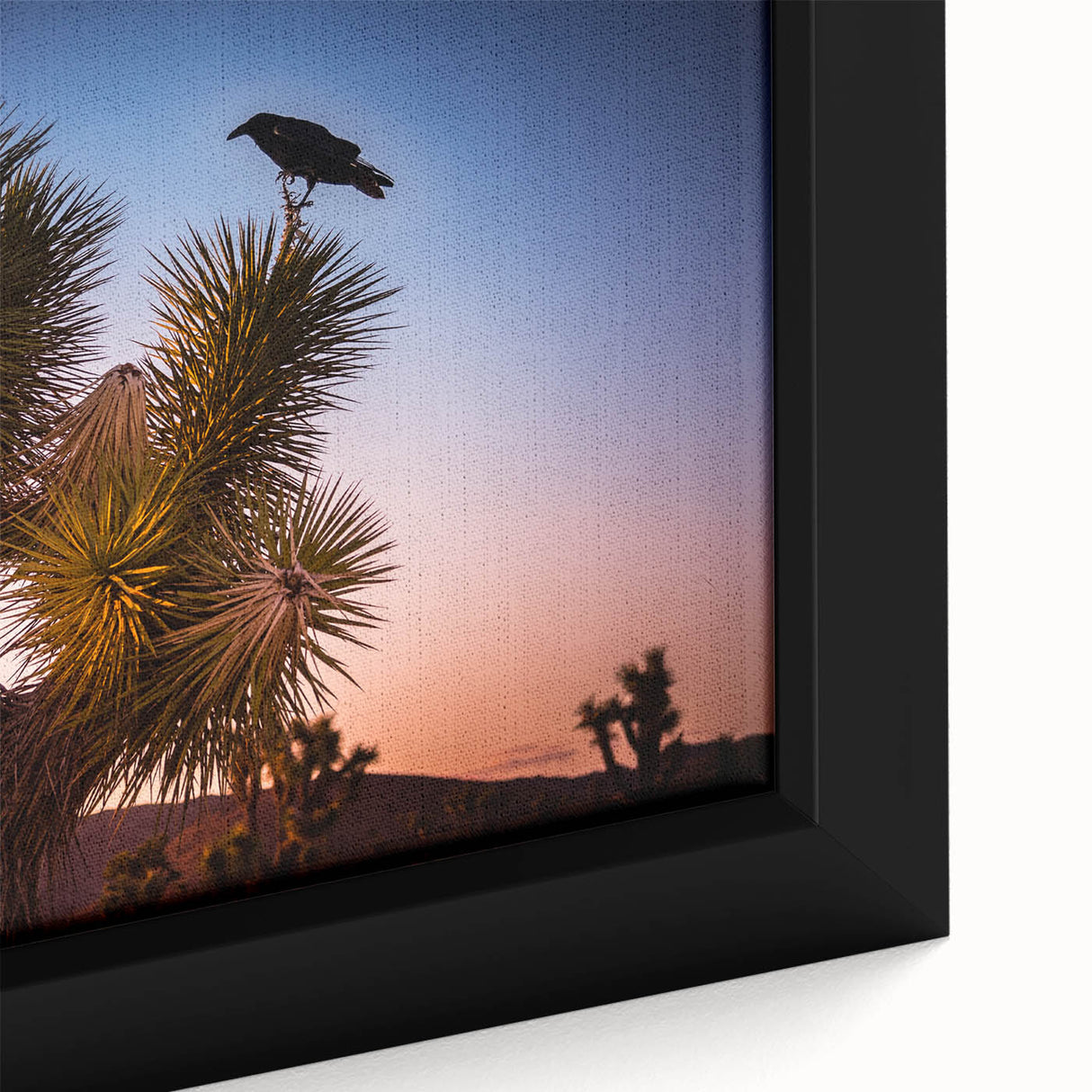 Extra large black wall art featuring a textured Joshua tree scene on a framed canvas, ideal for living room decor.